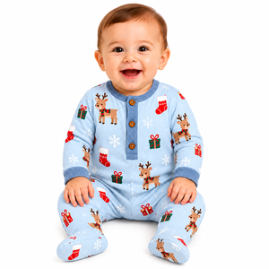 Combinaison tricotée à pieds pour bébé, bleu ciel, Noël, motif renne, motif flocon de neige, manches longues, boutonnée sur le devant, pour nourrisson et tout-petit - Product Image 1