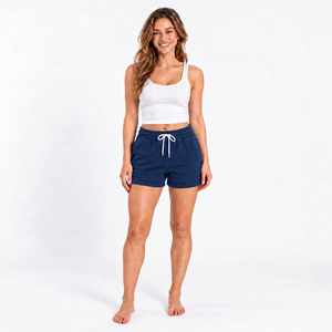 Shorts en coton tricoté bleu marine uni pour femme, taille mi-haute, avec cordon de serrage et poches, coupe décontractée, respirant - Product Image 2