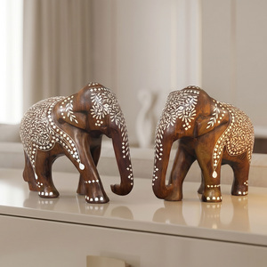 Solid Sheesham Wood <b>Elephant</b> Pair Handmade <b>Decorative</b> Wooden Figurines with Intricate White Inlay Work for Living Room Bedroom - Product Image 2