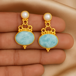Boucles d'oreilles pendantes en larimar naturel et perles, argent sterling 925 plaqué or jaune et or rose, bijoux artisanaux en pierres précieuses pour femme - Product Image 3