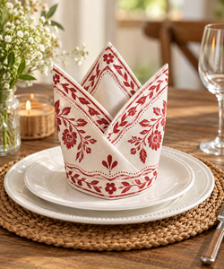 Servilleta de Algodón Premium Estampada con Diseño Floral Rojo en las Esquinas y el Borde – Elegante Servilleta Decorativa para Mesa de Comedor para el Hogar y Hoteles - Product Image 1