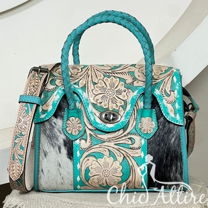 New Personalized Tooled Leather Cowhide <b>Mini</b> Satchel Handbag for Women Floral 2026 Carved Crossbody Purse Hair on Hide Tote Bag - Product Image 1