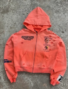 GENERSA SPORTS Sweat-shirt unisexe en molleton français polyester/coton, coupe courte oversize, avec fermeture éclair sur le devant, imprimé flamme et poche, couleur corail - Product Image 1