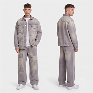 Chaqueta de mezclilla para hombre con parches desgastados, estilo oversize, corte holgado, tipo chándal, ropa exterior - Product Image 1