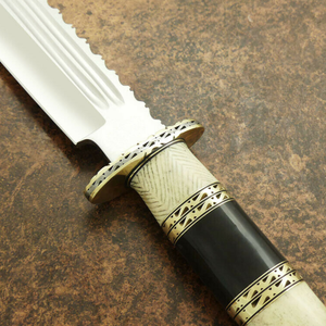 Handmade Bowie Hunting Knife with Silver Curved <b>Steel</b> Blade Serrated Spine Decorative Ivory Black Handle <b>Outdoor</b> Camping Display - Product Image 2