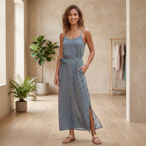 Robe longue sans manches en rayonne tissée, coupe trapèze, imprimé floral, style Y2K Bohème, taille unique, fente haute, élégante et charmante, pour l'été coréen - Product Image 4