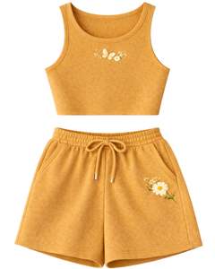 Conjunto de Top Corto Acanalado y Pantalones Cortos con Cordón para Mujer, Amarillo Mostaza con Bordado de Mariposa y Margarita, Estilo Casual de Dos Piezas - Product Image 1