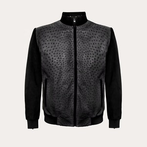 <b>Men's</b> Black Ostrich Embossed Genuine Cowhide Leather <b>Jacket</b> Premium Quality with <b>Suede</b> Leather Arms and Back Windproof - Product Image 1