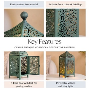 Farol Marroquí Verde Salvia con Intrincados Diseños Florales, Portavelas de Metal para una Decoración Elegante de la Mesa del Hogar - Product Image 5