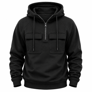 Sudadera con capucha y cremallera de un cuarto para hombre, con estampado, bolsillos en el pecho, manga raglán, forro polar, estilo casual, color liso, para invierno - Product Image 2