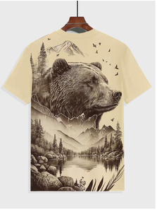 เสื้อยืดคอกลมแขนสั้นพิมพ์ลายหมีภูเขาสำหรับผู้ชาย ทรงปกติ ผ้าถักโพลีเอสเตอร์ระบายอากาศได้ดี ดีไซน์ลายพิมพ์ - Product Image 3