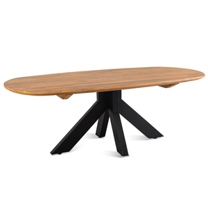 Table à manger ovale industrielle danoise avec plateau en bois de manguier massif finition naturelle et pieds en métal araignée pour la maison, l'hôtel, la cuisine - Product Image 1