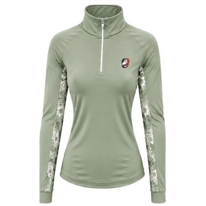 Camiseta Deportiva de Manga Larga con Cierre de Cremallera para Mujer, Color Verde Salvia, Personalizada por el Fabricante, con Panel Floral en las Mangas, para Entrenamiento y Fitness - Product Image 1