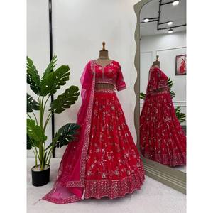 ออกแบบ georgette งานลำดับด้าย lehenga choli กับ dupatta สีชมพู - Product Image 1