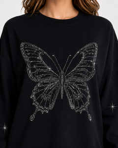 <b>Women's</b> <b>Black</b> Oversized <b>Sweatshirt</b> With Rhinestone Printing Crew Neck Long Sleeve Knitted 100% Cotton Autumn Wear - Product Image 4