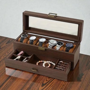 Boîte à montres rustique en bois de noyer, organisateur à 2 niveaux, coffre à bijoux pour homme, grand tiroir à 6 emplacements, présentoir de montres de table suspendu - Product Image 4