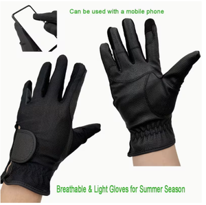 Gants d'équitation en similicuir noir pour hommes, coupe régulière, fermeture auto-agrippante, respirants, légers, accessoires équestres d'été - Product Image 1
