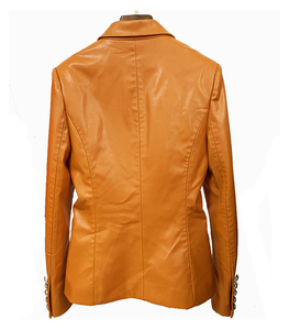 Women's orange Genuine Leather Moto Jacket Full Sleeve <b>Zipper</b> Closure Stand Collar Autumn Style - Product Image 3