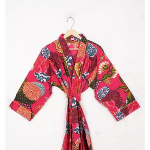ชุดคลุมกิโมโนผ้าฝ้ายลายดอกโบโฮ ชุดคลุมอาบน้ำพิมพ์ลายบล็อกยาว ชุดคลุมลำลองน้ำหนักเบา ชุดคลุมผูกเอว ชุดคลุมสำหรับใส่พักผ่อน ชุดคลุมผ้าฝ้าย - Product Image 3