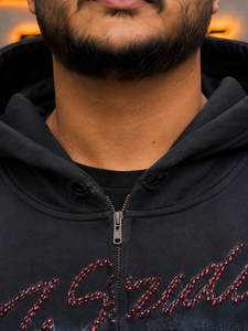 Sudadera con capucha negra para hombre, con cremallera, de punto oversize, manga regular, diseño de logo frontal, venta directa de fábrica, ropa de otoño - Product Image 5