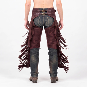 Men's Genuine Leather High Rise Western <b>Chaps</b> with Fringe Buckle Closure Regular Fit Casual for <b>Riding</b> - Product Image 6