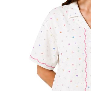 Camisa blanca de mujer con lunares bordados, manga corta, con botones, informal, de verano, de algodón, con cuello, blusa personalizada, tops de moda OEM - Product Image 3