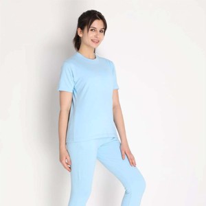 Women's 2 Piece <b>Knitted</b> <b>Set</b> Light Blue Crew Neck Short Sleeve Solid Color Casual Seasons Regular Fit Breathable Cotton Pants - Product Image 4