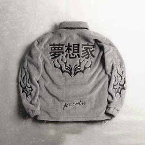 Men Techwear Grey Sherpa Fleece <b>Jacket</b> Tactical Streetwear Hip Hop Skull Graphic Embroidery Oversized Cyberpunk Winter Outwear - Product Image 3