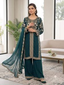 Ensemble indien pakistanais en viscose brodée Emraan, vert, style Sharara, avec dupatta en tulle, réversible, pour occasions festives et formelles - Product Image 5