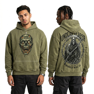 เสื้อฮู้ดลายกราฟิก Zombie Division Undead Reaper สีเขียวมะกอกแบบย้อมสีเอซิด พร้อมลายกริมรีปเปอร์แบบกรรไกร สำหรับผู้ชาย สไตล์สตรีทแวร์ - Product Image 1