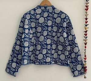 Preciosa Chaqueta Bomber Corta Acolchada Reversible Hecha a Mano 100% Algodón Azul, Estilo Clásico, Artesanal, para Mujer, Nuevo Estilo - Product Image 6