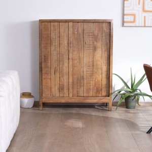 Vandana Amber Value high <b>sideboard</b> with two sliding doors in solid mango wood, warm style - Product Image 1