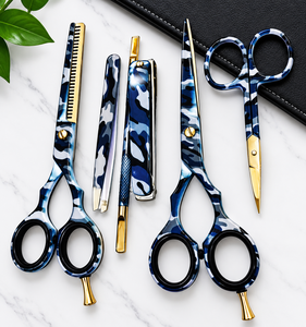 Ciseaux à cheveux camouflage bleu, ciseaux de salon, ciseaux de barbier, lame droite en acier inoxydable avec boîte cadeau - Product Image 1