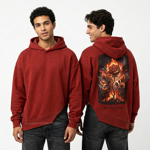 Sweat à capuche rouge personnalisé pour homme, ourlet asymétrique, streetwear, molleton épais, imprimé graphique feu de rose, vêtement à capuche - Product Image 1