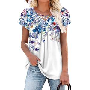 2025 femmes été tunique hauts col en v Blouses avec motif floral violet XL taille coupe ample à manches courtes Style formel - Product Image 2