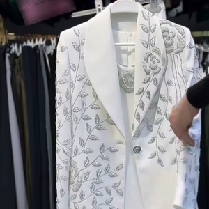 Beaded White Women Blazer Dress Polyester <b>Two</b> <b>Piece</b> <b>Set</b> Long Sleeve Floral <b>Sequin</b> Suit Lady Party Formal Business Whole Supplier - Product Image 1