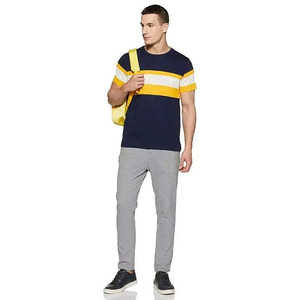 Camiseta de Manga Corta con Cuello Redondo para Hombre, a Rayas, con Bloques de Color, Tejida, Casual, Corte Regular, Azul Marino, Amarillo, Blanco - Product Image 2