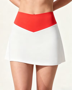 High Waist Color Blocked A-Line Mini Skirt Women Sporty Breathable Stretch Skirt White Red Spandex Polyester - Product Image 1