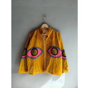 Hand Embroidered Velvet Jacket Women's Mandarin Collar Full Sleeve Autumn <b>Coat</b> Regular Length Eye Pattern Bohemian Style GIFT - Product Image 1