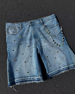 Pantalones cortos de mezclilla holgados de cintura media para hombre, personalizados, de alta calidad, 100% algodón, con parches desgastados, estilo urbano, con cinturón y pedrería. - Product Image 3