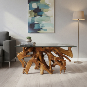 Mesa Consola Fina de Raíz de Teca de Alta Calidad, Única, Orgánica, Hecha a Mano, con Tapa de Cristal, Madera Sólida, Altura Ajustable, Mueble para Hotel - Product Image 5