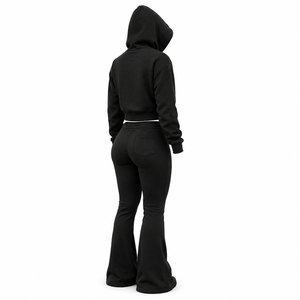 Women Cropped <b>Zip</b> <b>Hoodie</b> Flare Pants Tracksuit Solid <b>Black</b> Casual Autumn Full Sleeve Hooded Zipper Fly Side Pockets - Product Image 3