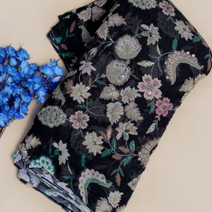 ผ้าจอร์เจตต์สีดำพรีเมียม ปักลายดอกไม้แบบเหมือนจริงด้วยด้ายซารี ลายเถาวัลย์หรูหรา น้ำหนักปานกลาง เหมาะสำหรับชุดแต่งงาน - Product Image 3
