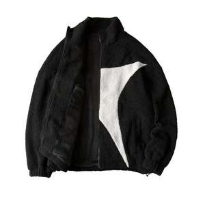 Veste zippée en polaire sherpa noire personnalisée avec patchwork étoilé contrastant sur le devant, vêtement d'extérieur décontracté chaud pour l'hiver - Product Image 5