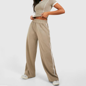 <b>Old</b> Money Sporty Set Women's 2 Piece Knitted Cotton Loose Fit Wide Leg <b>Pants</b> With Side Stripe O-Neck Short Sleeve Top Women Set - Product Image 1