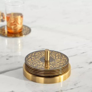 Luxury Metal <b>Coaster</b> Set With Wooden Holder Bright Nickel Plated Zinc Alloy <b>Drink</b> <b>Coasters</b> For Table Protection Letter Design - Product Image 4