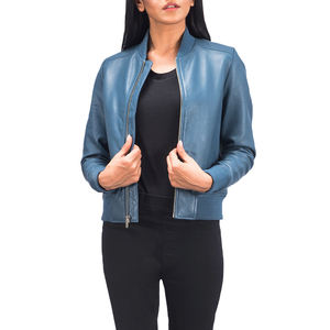 Chaqueta Bomber de Cuero Genuino Azul Cielo para Mujer, con Ribete de Punto Acanalado, Otoño Invierno, Logotipo, Casual, Lujo, Fabricante OEM ODM al por Mayor - Product Image 2