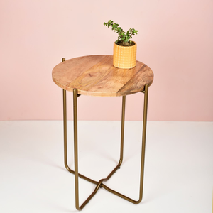 Contemporary Round Wooden End <b>Table</b> with <b>Gold</b> Metal Legs for Living Room and Bedroom Furniture - Product Image 3