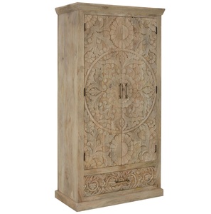 Luxury Handcrafted Solid Wood 2 Door <b>Wardrobe</b> Ornate Floral Mandala Carving Natural Mango Finish - Product Image 1