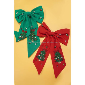 Moño para el Cabello Casual con Cuentas de Satén Rojas y Verdes Festivas, para Niñas, Bodas, Escuela, Fiestas, Navidad, Clip para el Cabello con Diseño de Árbol de Navidad, Regalo Festivo en Caja - Product Image 3